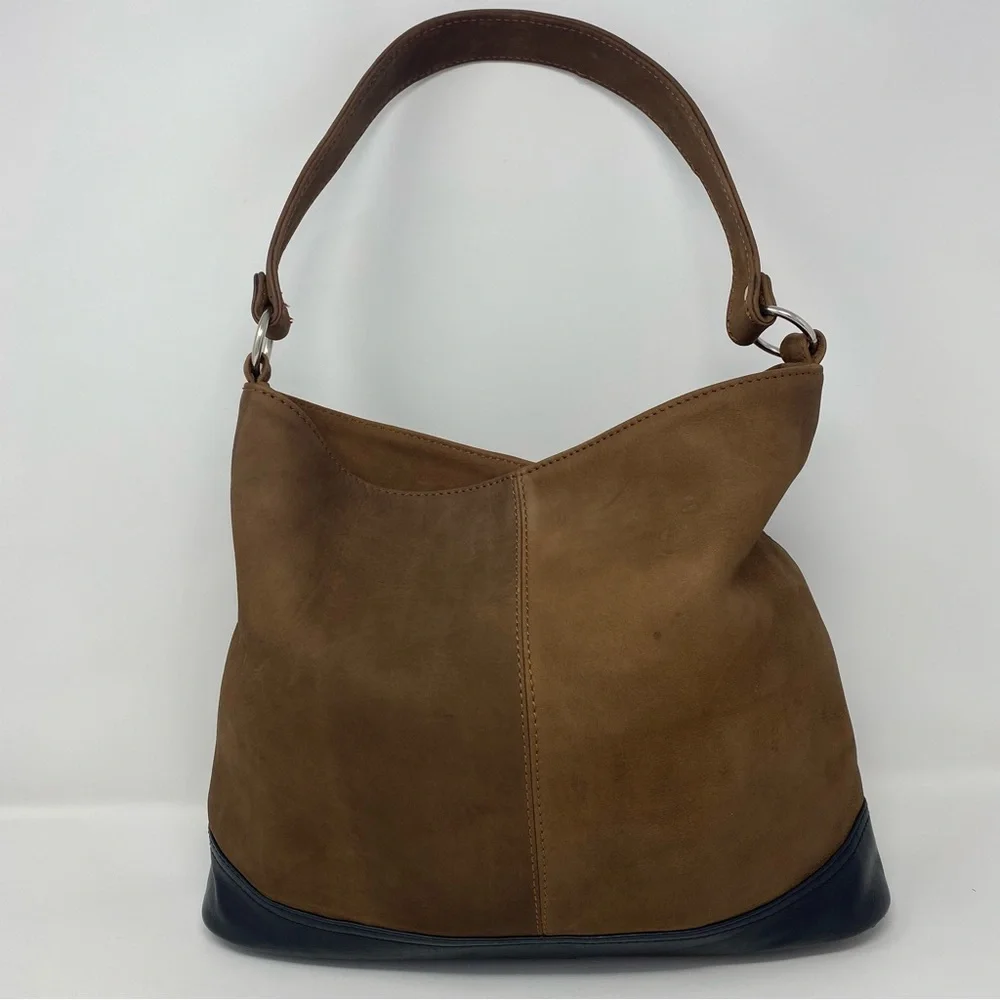 Brown Suede Shoulder Hobo Bag with Dark Trim